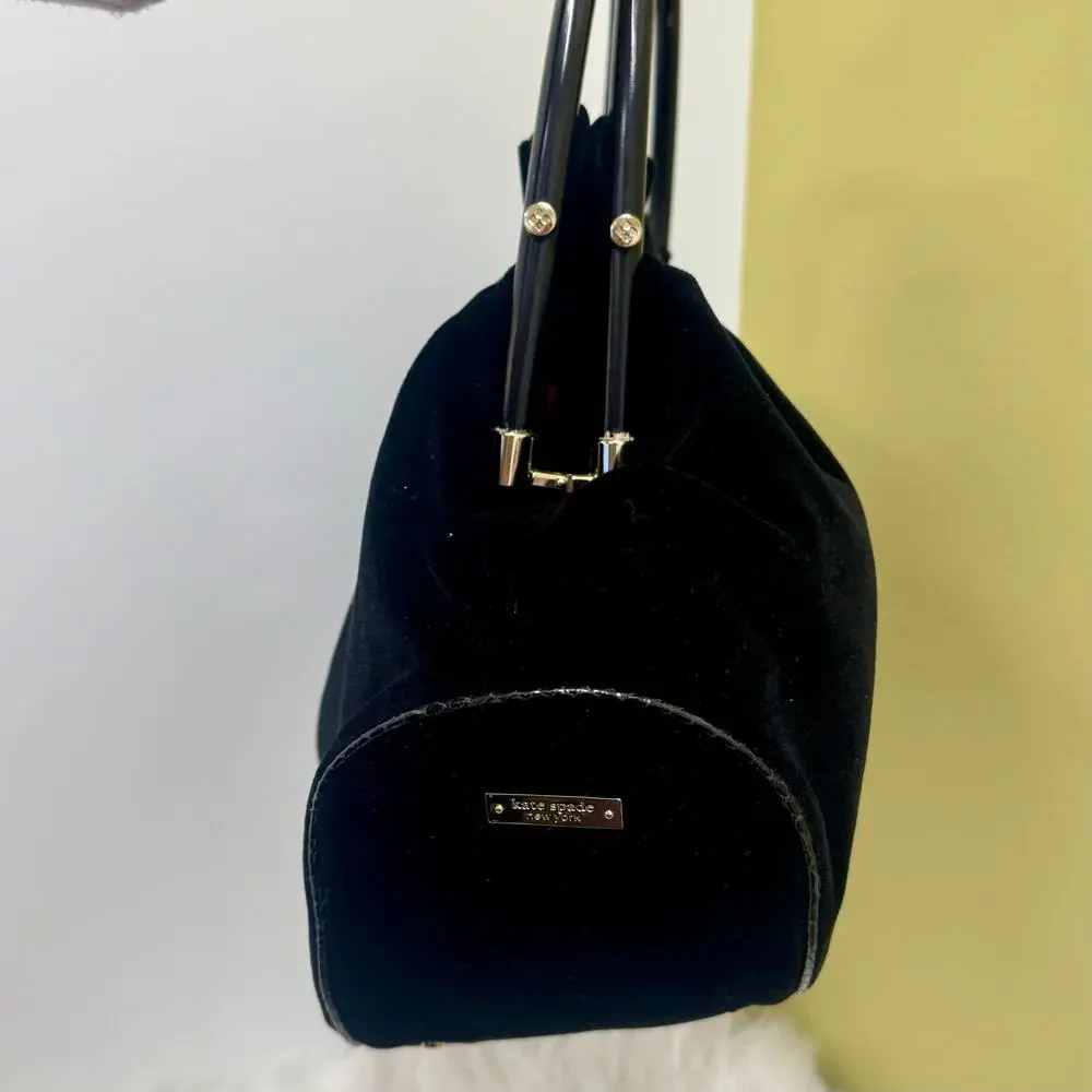 Kate Spade Maya Wood Handle Black Velvet Purse Handbag Turnlock Classic